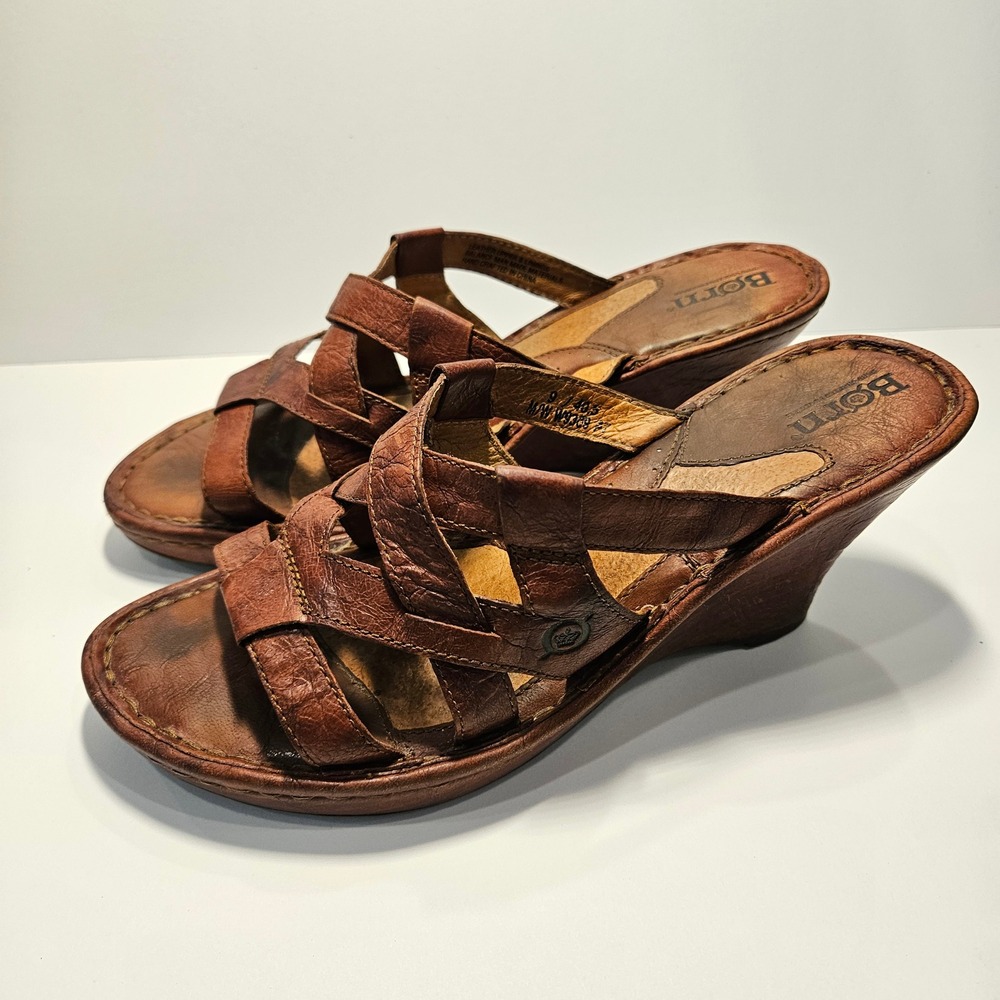Born Brown Leather Strappy Wedge Sandals Caged Mule Size 9